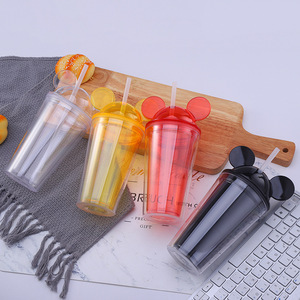 Zhen Ai Mickey Mouse Double Wall Plastic Straw Cup Bpa Free Portable Drinkware For Children Gift Water Bottle - Product Image 1