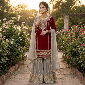 Ensemble de robe de mariée traditionnelle indienne pakistanaise en soie pour femmes, robe Anarkali brodée longue jusqu'au sol avec dupatta, coupe classique - Product Image 1