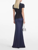 Ensemble Tailleur Femme Élégant 2026, Haut en Tweed et Jupe en Satin Bleu Marine de Haute Qualité