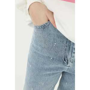 Jeans de Mujer de Cintura Alta y Pierna Recta con Adornos de Piedras, 100% Algodón Denim 18156PNT - Product Image 1