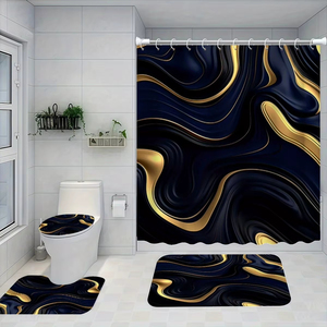 Juego de Baño de Poliéster Negro y Dorado - Cortina de Ducha Clásica con Diseño de Ondas, 12 Ganchos, Tapete Antideslizante y Funda para Asiento de Inodoro, Decoración Moderna para Baño - Product Image 6