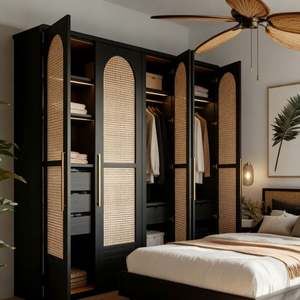 New Style Hot Selling Walnut & Rattan Arch-Door <b>Wardrobe</b> Modern Spacious Bedroom Storage Furniture Organization - Product Image 3