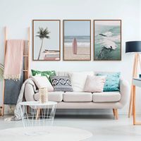 Ensemble d'art mural sur toile encadrée sur le thème de la plage : palmiers, planches de surf, paysage marin, décoration murale, peinture murale sur le thème du surf océanique, modèle Chine K-026