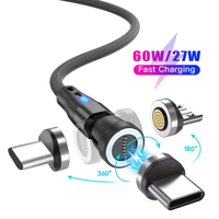 Kabel USB-C Magnetik 3 in 1 PD 60W 3A Pengisian Cepat Tipe-C ke Tipe-C Mendukung Transfer Data