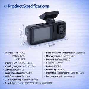 Caméra embarquée triple objectif 3 canaux 1080P avec vision nocturne IR LED, système de surveillance de stationnement et enregistreur vidéo G-Sensor - Product Image 5
