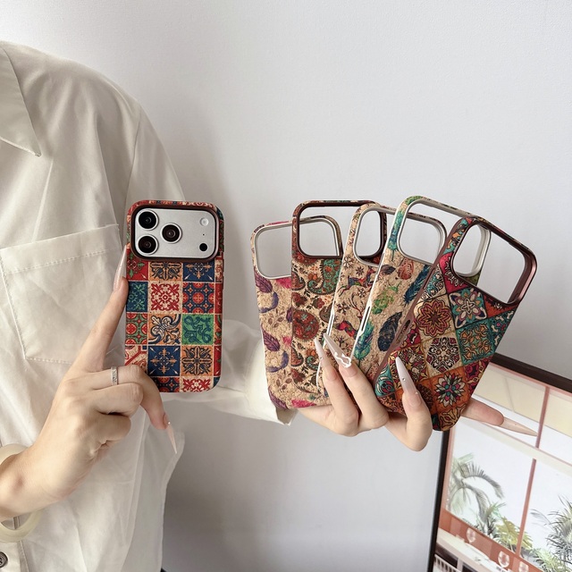 Customization Vintage Boho Cork for Case 17 Pro Max/18 Fold Ethnic Tile Paisley Deer Printed Eco Wood Grain Shockproof