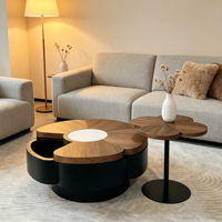 Table basse en forme de pétale, style médiéval, finition grain de noyer, plateau pivotant, rangement dissimulé, fabriquée au Guangdong, idéale pour les petits espaces, très populaire sur internet