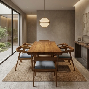 Ensemble de table à manger en bois massif de style mid-century modern avec six chaises, un mélange parfait de durabilité et de confort. - Product Image 5