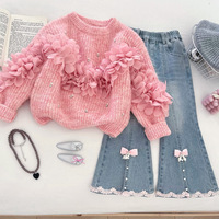 Ensemble Pull et Pantalon pour Filles Automne 2026 – Pull Tricoté à Fleurs 3D et Jean Micro Évasé – Ensemble Deux Pièces