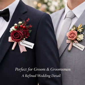 ดอกไม้ติดเสื้อเจ้าบ่าวปลอมสำหรับผู้ชาย ขายส่ง 6 ชิ้น พร้อมเข็มกลัดในตัว สำหรับพิธีแต่งงาน งานพรอม และตกแต่ง - Product Image 4