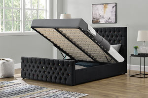 Роскошная кровать Willsoon для саней с платформой и пуговицами, двуспальная кровать для хранения газового подъемника из черной ткани - Product Image 4