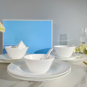 Juego de <span class=keywords><strong>vajilla</strong></span> de cerámica de la serie en relieve blanco puro para platos y cuencos de cocina occidental para niños - Product Image 4