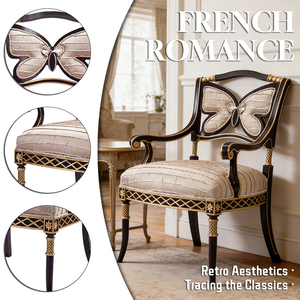 <span class=keywords><strong>Fauteuil</strong></span> de salon élégant de style antique en laque noire avec motif papillon et accents noirs et dorés - Product Image 2