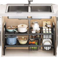 Organizador telescópico ajustable para fregadero de metal Bandeja de almacenamiento consumible de longitud ajustable Soporte vertical de doble capa
