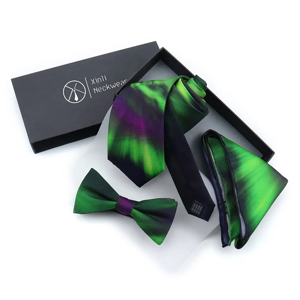 Colorful Aurora Printed Neck Ties Green Purple Bow Tie Hand Hemming Handkerchief 100% Silk Twill Fabric Men Tie Gift Set