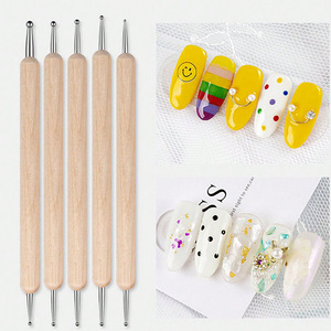 Juego de 5 bolígrafos de punteado de 2 vías con mango de madera para arte de uñas, gel acrílico, pedrería, herramienta de manicura para detalles y pintura - Product Image 1