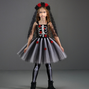 Costume de mariée fantôme crâne effrayant pour filles, robe de sorcière d'<span class=keywords><strong>horreur</strong></span> d'Halloween, robe de carnaval noire et rouge, déguisement avec voile et chaussettes - Product Image 6