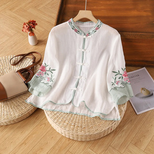 Traditional Chinese Women's Cotton Linen Embroidered Shirt Pink Green Color Blocking Loose Fit Cardigan Three Quarter Sleeve - Product Image 5