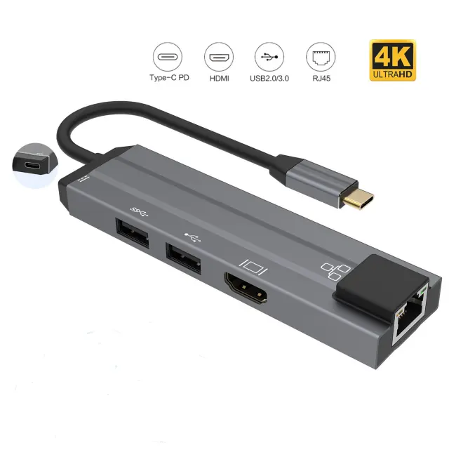 Тип C концентратор USB 5 в 1 Тип C к RJ45 Ethernet адаптер 4 к USB C компьютера Адаптер Hub с PD зарядный кабель для Macbook и Windows ноутбуки