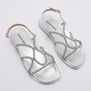 <span class=keywords><strong>Sandalias</strong></span> Planas Plateadas Elegantes para <span class=keywords><strong>Mujer</strong></span>, Estilo Casual 2025, con Punta Descubierta Dorada, Suela Gruesa, Tiras con Diamantes Simples, para Fiesta - Product Image 1