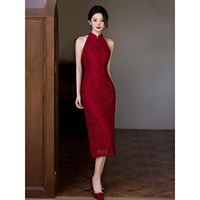 Nouvelle Robe Longue Élégante Rouge Style Chinois en Polyester Uni Coupe Ajustée Sans Manches pour Femme – Idéale pour Mariage, Cérémonie, Fiançailles et Célébrations d'Automne
