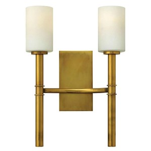Antique Brass Hotel <b>Wall</b> <b>Sconce</b> with Two Small Cylinder Shades W80045 Fabric White Shade Iron Body <b>Wall</b> Lamps - Product Image 1