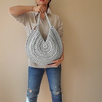 Bolso de Hombro Redondo de Color Sólido, Tejido con Cuerda de Algodón, Bolso Tote de Ganchillo Hecho a Mano, Bolso Grande Informal para Damas, para Salidas Diarias