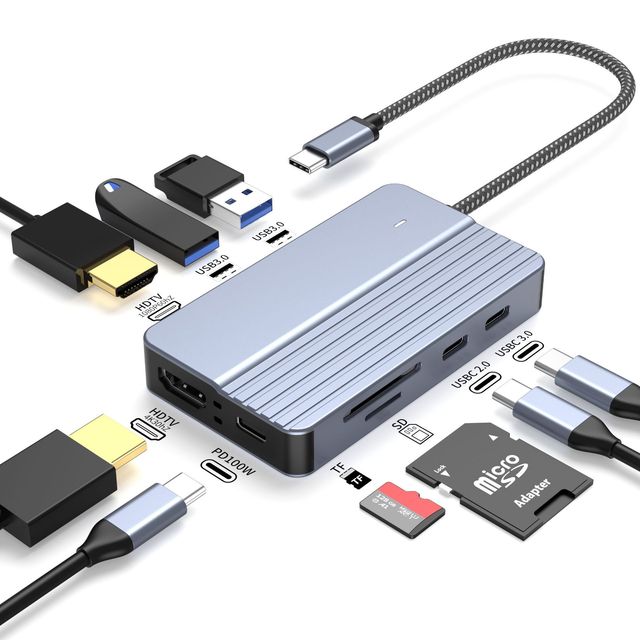 9in1 USB C Docking Adapter 4K30Hz  100Mbps RJ45 Ethernet PD100W Charging USB3.0 USB2.0 SD TF Card Reader 3.5mm Audio Jack