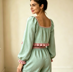Cute Spring Autumn Young Women's Linen Ruffled <strong>Crop</strong> Tops Pants Pajamas Breathable Mint Green Elastic Cotton <strong>Pyjamas</strong> for Woman - Product Image 3