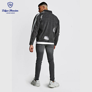 Gary couleur lavage denim jeans <span class=keywords><strong>veste</strong></span> <span class=keywords><strong>veste</strong></span> <span class=keywords><strong>en</strong></span> <span class=keywords><strong>jean</strong></span> <span class=keywords><strong>oversize</strong></span> avec peint à rayures latérales - Product Image 2