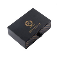 Boîtes en carton noir de haute qualité en gros, logo de marque imprimé en feuille d'or, gaufrage, petites boîtes à tiroir coulissantes, boîte cadeau