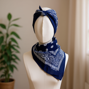 Écharpe carrée Angelina 100% coton bleu marine à motif paisley 54x54cm pour la tête ou le cou - Product Image 3