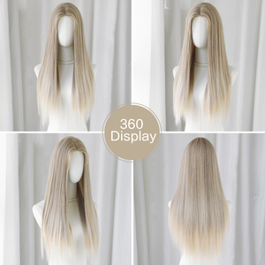Wig pirang panjang berlapis lurus renda depan untuk wanita Bagian Medium Wig tanpa lem sintetis rambut Matte alami 30 inci - Product Image 4