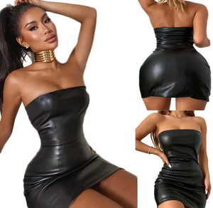 Robes mini sexy moulantes à la mode, robes tube en cuir <span class=keywords><strong>noir</strong></span> sexy pour femmes, robes élégantes de soirée sans manches, robes basiques - Product Image 1
