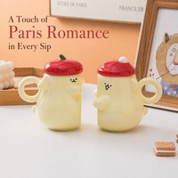 Ensemble de tasses à café en céramique pour couple, 12 oz, motif de dessin animé avec un sourire, avec couvercle en forme de pomme rouge, boîte cadeau, cadeau de la Saint-Valentin, cadeau de mariage