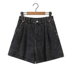 Short en jean ample taille haute pour femme grande taille Runqi N8717, noir, en coton, coupe trapèze, jambe large, avec fermeture éclair, pour adulte - Product Image 5