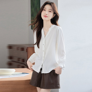 Lace Trimmed Women's Shirt Long Sleeve <b>Satin</b> <b>Blouse</b> Solid Color Everyday Wear - Product Image 2
