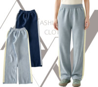 Pantalon tricoté pour femme taille haute, jambe large, avec bande latérale contrastante, côtelé, style loungewear, avec poches, vente en gros