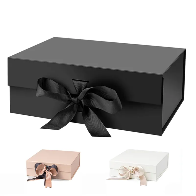 Benutzer definierte Logo Magnet starre Box Verpackung versand bereit Persönliche große schwarze Luxus band Papier box mit Magnet verschluss Geschenk box