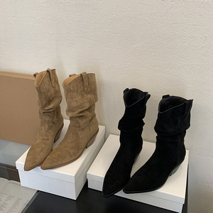 Autumn 2024 New Arrival Boots Soft Leather Vintage Thick Heel <b>Ankle</b> Boots with Metal Buckle Foldable Western Boots - Product Image 5