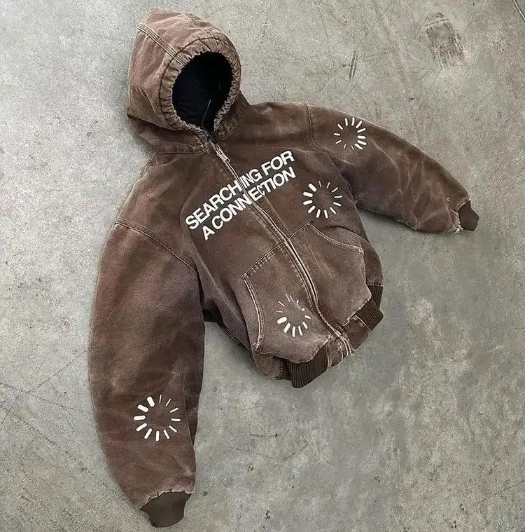 Fournisseur de la Chine Sweat à capuche surdimensionné à épaules tombantes pour hommes, sweat-shirt à capuche zippé marron délavé, veste à capuche