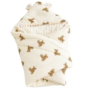 Stock Quick Delivery Mixed Patterns 100% Organic Cotton Hooded Towel Baby Wrap Blanket Nest Sleeping Bag Bear Fruit Pattern