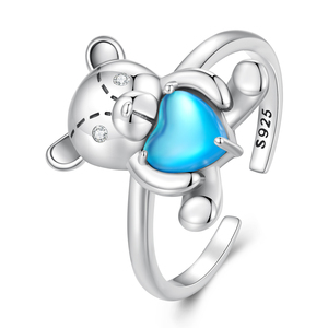 NEUER 925 Sterling Silber Umarmender Bären-Öffnungsring mit Blauem Herz-Kristall Statement-Ringe Schmuck Party-Geschenk SCR921 - Product Image 1