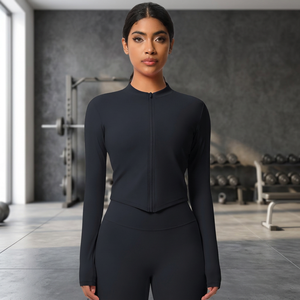 Veste de yoga noire à manches longues et col montant zippée pour femme, vente en gros, impression de logo personnalisé 2026 - Product Image 2