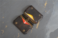 Dompet Kartu Kulit Full Grain Tipis, Dompet Saku Depan Minimalis, Slot Pena Jahitan Tangan