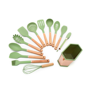 13 ustensiles de cuisine en silicone avec manche en bois, support en <span class=keywords><strong>plastique</strong></span>, <span class=keywords><strong>pince</strong></span> alimentaire, louche à soupe, cuillère à <span class=keywords><strong>spaghetti</strong></span>, fouet à œufs, spatule à crème - Product Image 1