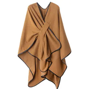 Ff47 cardigã solto feminino de inverno, cardigan solto de estampa shawl, presente para dia das férias, capa camel com frente aberta