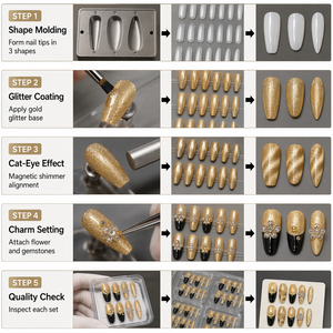 Faux ongles à presser dorés scintillants en ABS, extensions d'ongles artificiels, forme amande carrée, style aléatoire pour salon et soirées - Product Image 4