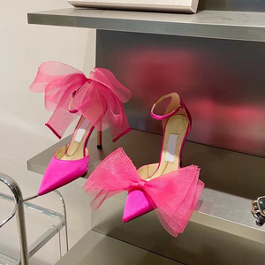 2026 Early Spring Solid Color Satin Asymmetric Bow Super High Heel Women's Pointed Shallow Stiletto Heel Hollow Sexy <b>Sandals</b> - Product Image 5