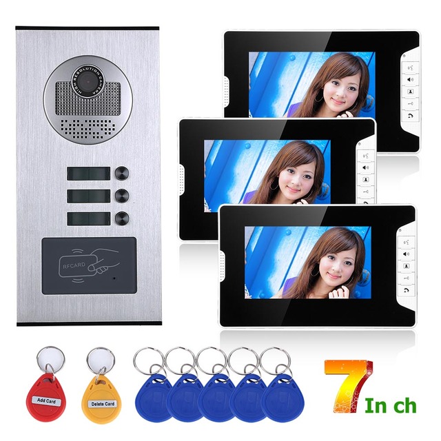 Wholesale 7inch 3 Apartment/Family Video Door Phone Intercom RFID IR-CUT HD 1000TVL Doorbell Camera with 3 Button 3 Monitors